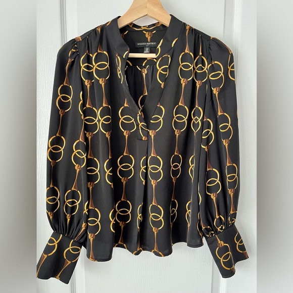 BANANA REPUBLIC Petite XS Chain Print Blouse Black Gold Long Sleeve Top - Picture 3 of 10